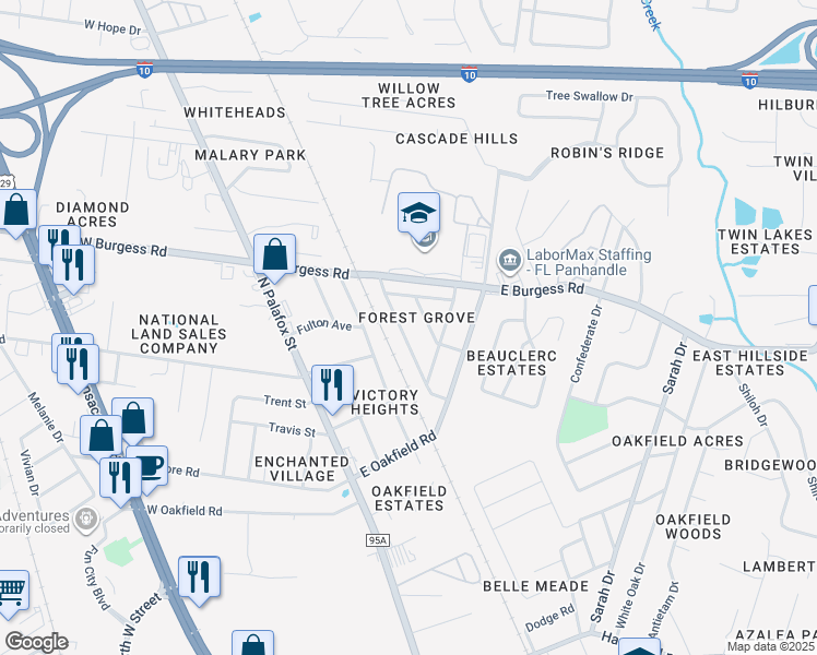 map of restaurants, bars, coffee shops, grocery stores, and more near 6954 Woodley Drive in Pensacola