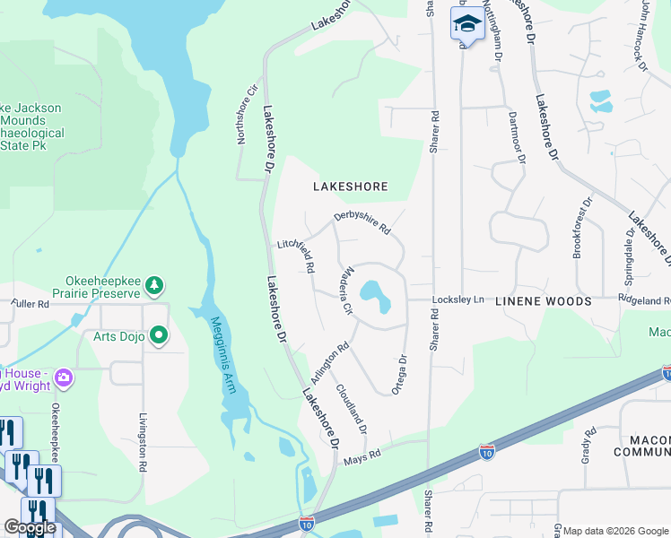 map of restaurants, bars, coffee shops, grocery stores, and more near 3300 Wiltshire Road in Tallahassee