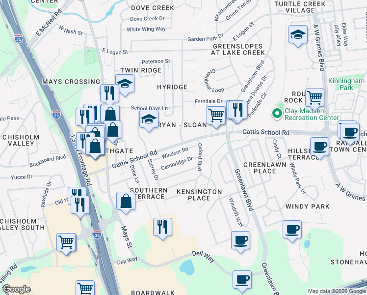 map of restaurants, bars, coffee shops, grocery stores, and more near 702 Windsor Road in Round Rock