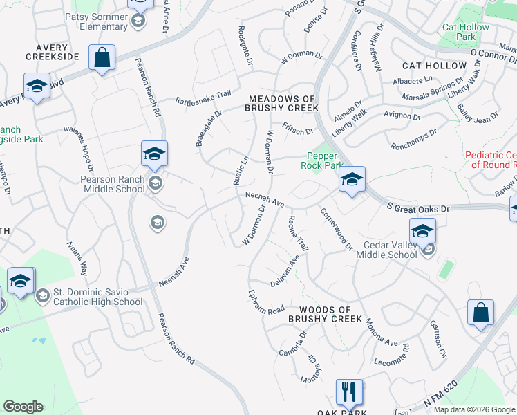 map of restaurants, bars, coffee shops, grocery stores, and more near 15824 West Dorman Drive in Austin