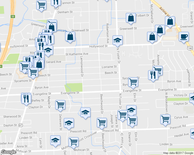 map of restaurants, bars, coffee shops, grocery stores, and more near 4545 Sycamore Street in Baton Rouge