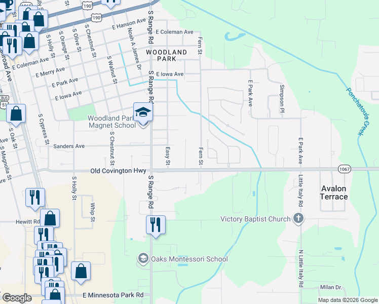map of restaurants, bars, coffee shops, grocery stores, and more near 44050 Parker Boulevard in Hammond