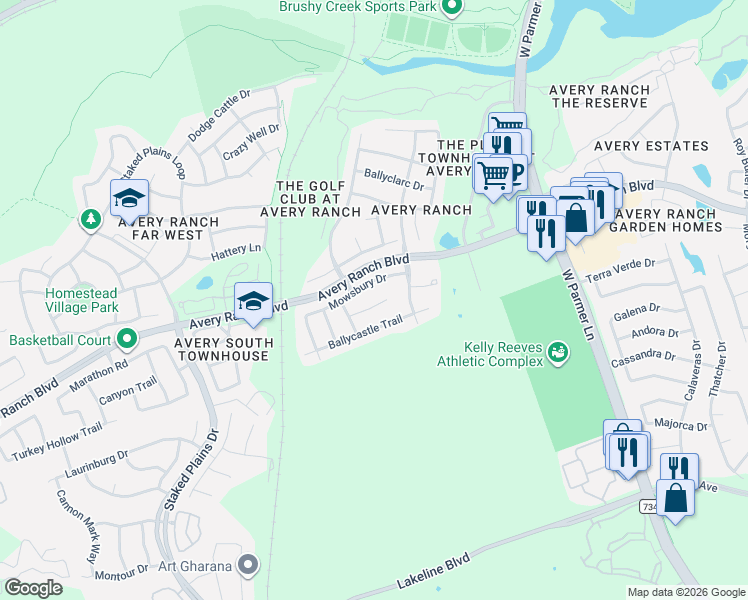 map of restaurants, bars, coffee shops, grocery stores, and more near 14416 Lilley Brook Cove in Austin