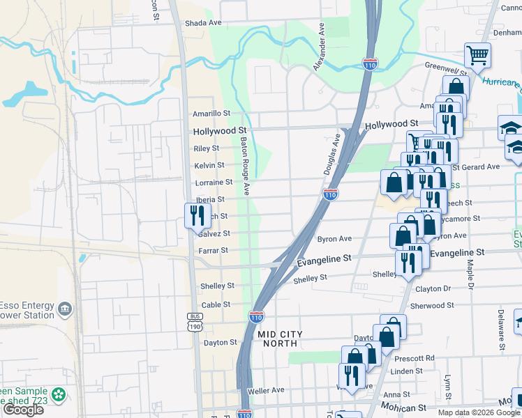 map of restaurants, bars, coffee shops, grocery stores, and more near 2527 Beech Street in Baton Rouge