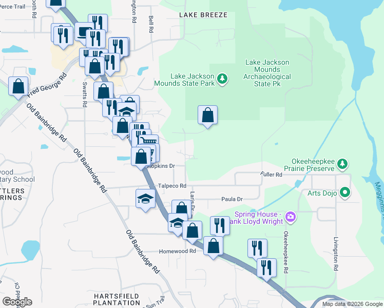 map of restaurants, bars, coffee shops, grocery stores, and more near 3536 Cangrove Road in Tallahassee