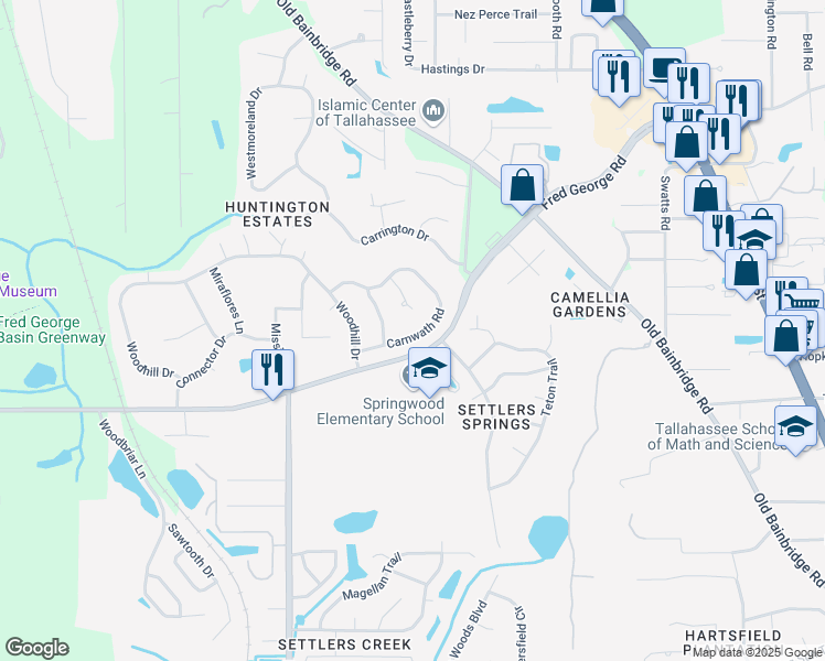map of restaurants, bars, coffee shops, grocery stores, and more near 4317 Carnwath Road in Tallahassee
