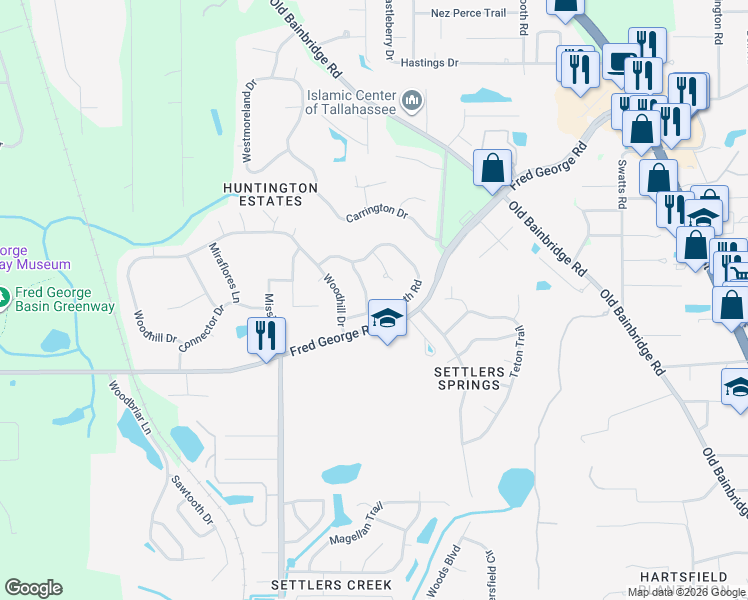 map of restaurants, bars, coffee shops, grocery stores, and more near 3722 Bentley Drive in Tallahassee