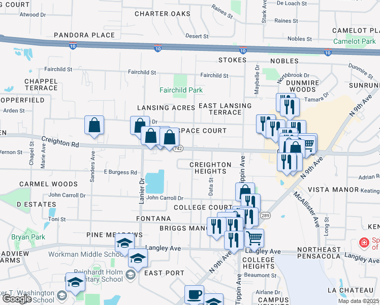 map of restaurants, bars, coffee shops, grocery stores, and more near 2085 Creighton Road in Pensacola