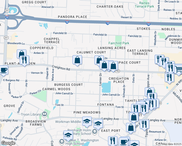 map of restaurants, bars, coffee shops, grocery stores, and more near 1619 Creighton Road in Pensacola