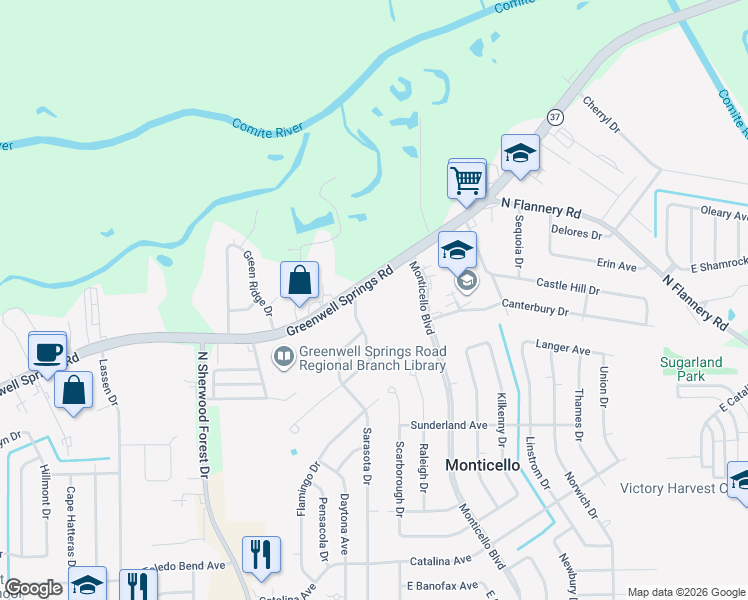 map of restaurants, bars, coffee shops, grocery stores, and more near 11770 Greenwell Springs Road in Baton Rouge