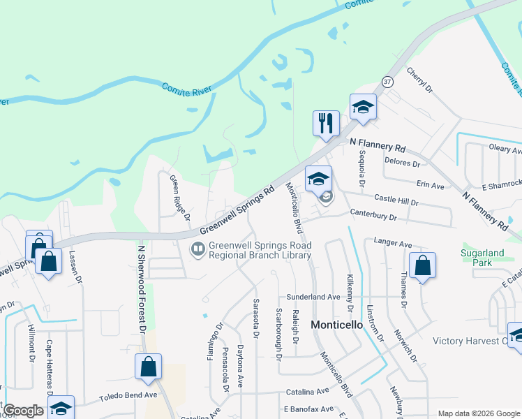 map of restaurants, bars, coffee shops, grocery stores, and more near 11770 Greenwell Springs Road in Baton Rouge