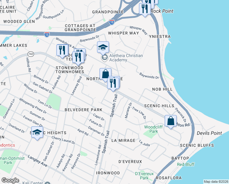 map of restaurants, bars, coffee shops, grocery stores, and more near 4233 Creighton Road in Pensacola