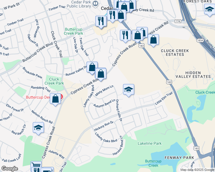 map of restaurants, bars, coffee shops, grocery stores, and more near 407 Misty Morn Lane in Cedar Park