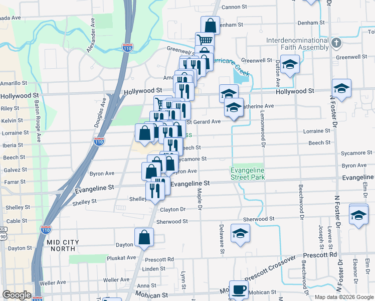 map of restaurants, bars, coffee shops, grocery stores, and more near 3572 Beech Street in Baton Rouge
