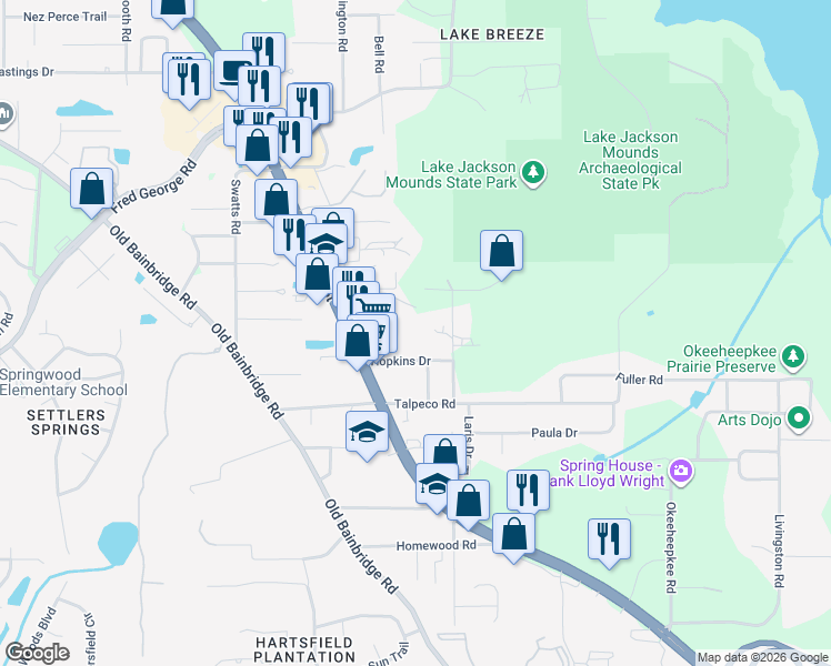 map of restaurants, bars, coffee shops, grocery stores, and more near 3531 Cangrove Road in Tallahassee
