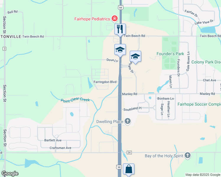 map of restaurants, bars, coffee shops, grocery stores, and more near 112 Southwark Avenue in Fairhope