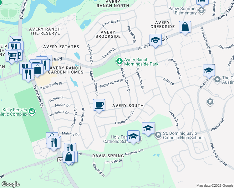 map of restaurants, bars, coffee shops, grocery stores, and more near 15512 Belfin Drive in Austin