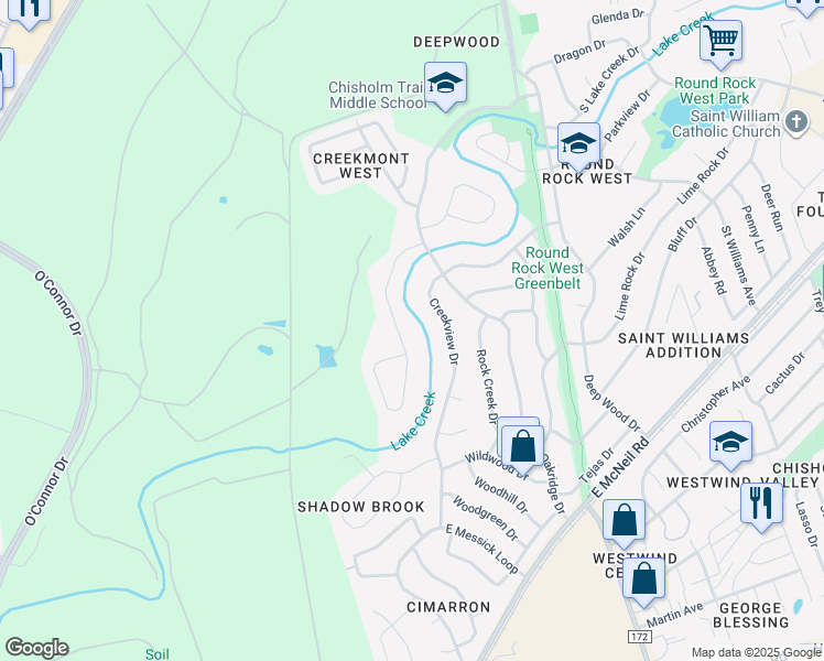 map of restaurants, bars, coffee shops, grocery stores, and more near 1503 W Creek Loop in Round Rock