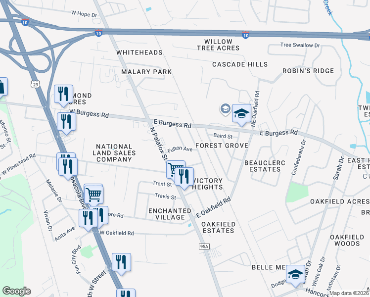 map of restaurants, bars, coffee shops, grocery stores, and more near 1 Clyde Street in Pensacola
