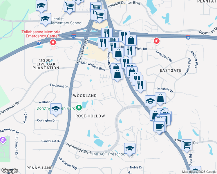 map of restaurants, bars, coffee shops, grocery stores, and more near 1673 Springwood Drive in Tallahassee