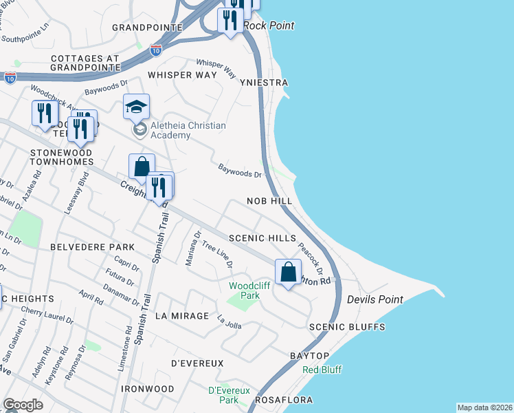 map of restaurants, bars, coffee shops, grocery stores, and more near 4680 Peacock Drive in Pensacola