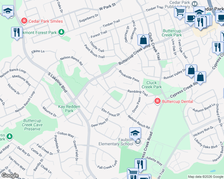 map of restaurants, bars, coffee shops, grocery stores, and more near 1220 Rambling Trail in Cedar Park