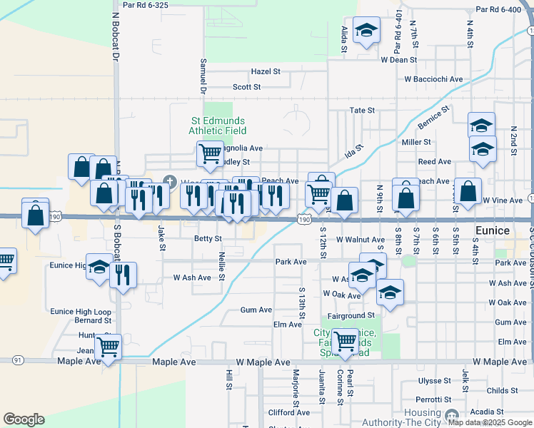 map of restaurants, bars, coffee shops, grocery stores, and more near 1500 West Laurel Avenue in Eunice