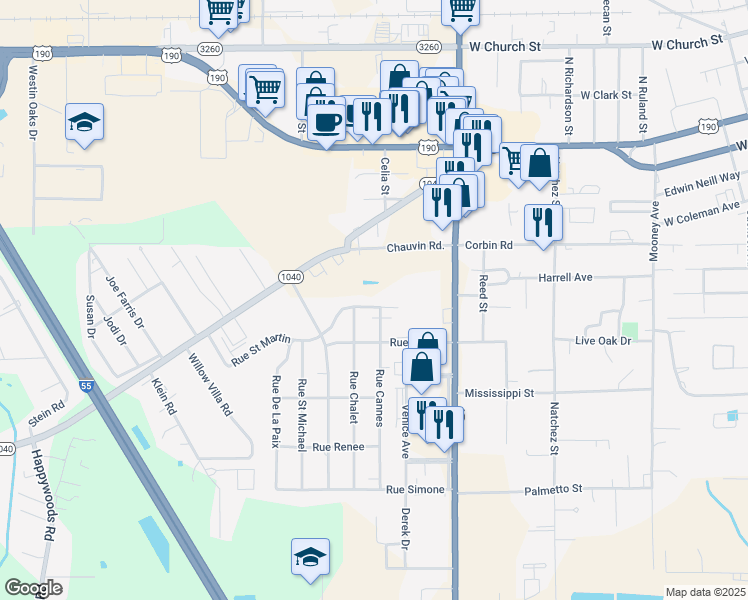 map of restaurants, bars, coffee shops, grocery stores, and more near 2302 Rue Saint Martin in Hammond