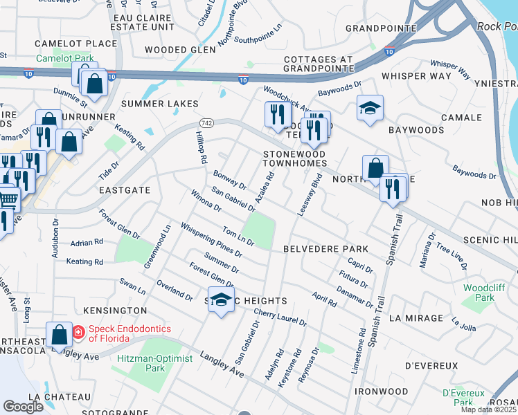 map of restaurants, bars, coffee shops, grocery stores, and more near 3975 San Gabriel Drive in Pensacola