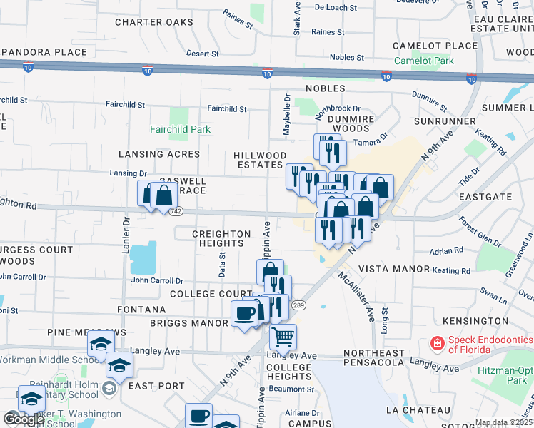 map of restaurants, bars, coffee shops, grocery stores, and more near 6898 Tippin Avenue in Pensacola