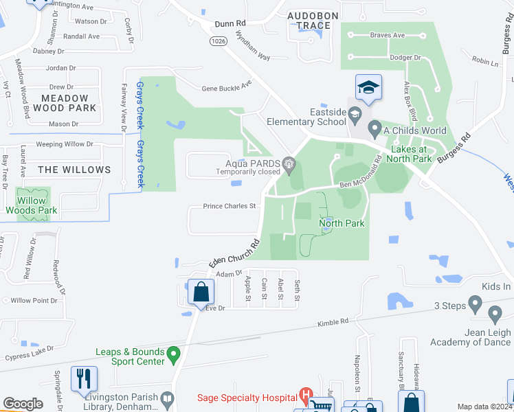 map of restaurants, bars, coffee shops, grocery stores, and more near 9301-9999 Prince Charles Street in Denham Springs