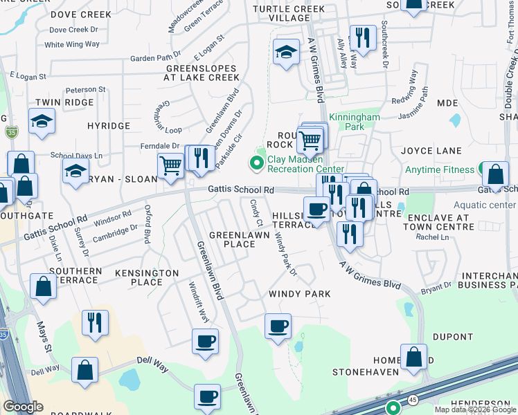 map of restaurants, bars, coffee shops, grocery stores, and more near 1603 Cindy Court in Round Rock