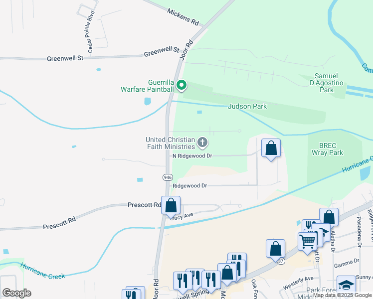 map of restaurants, bars, coffee shops, grocery stores, and more near 9147 North Ridgewood Drive in Baton Rouge