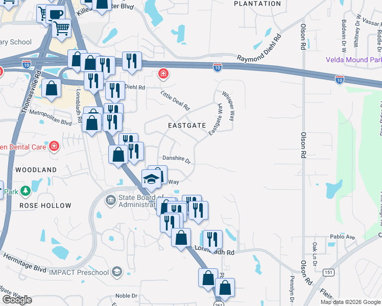 map of restaurants, bars, coffee shops, grocery stores, and more near 2126 Danshire Drive in Tallahassee