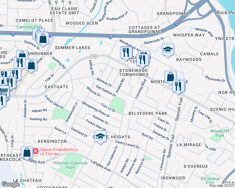 map of restaurants, bars, coffee shops, grocery stores, and more near 3975 San Gabriel Drive in Pensacola