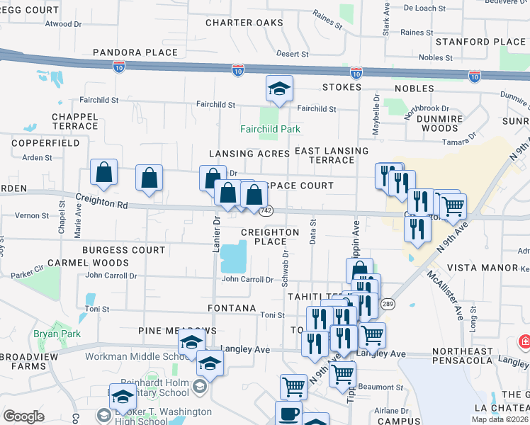 map of restaurants, bars, coffee shops, grocery stores, and more near 1921 Creighton Road in Pensacola