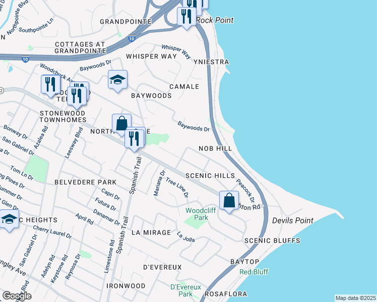 map of restaurants, bars, coffee shops, grocery stores, and more near 4605 Peacock Drive in Pensacola