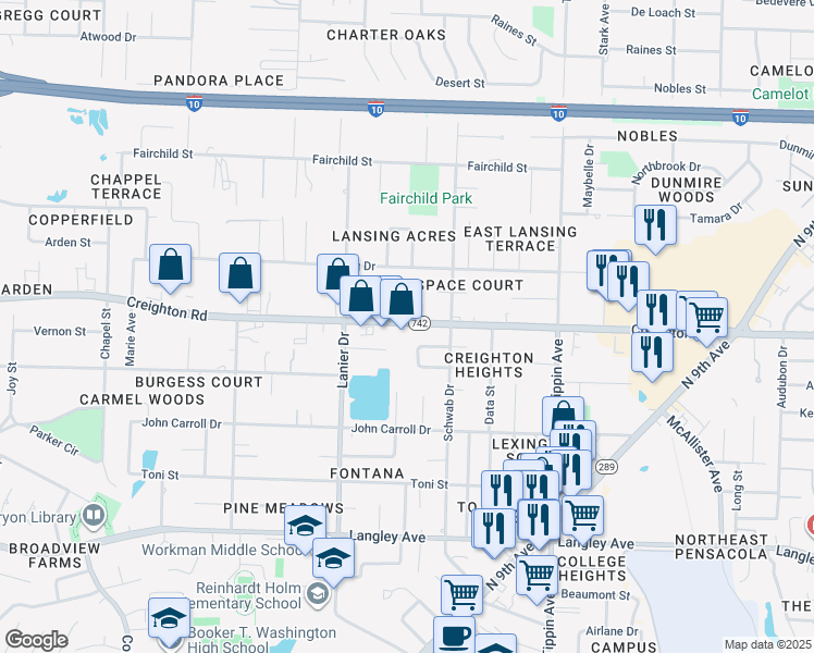 map of restaurants, bars, coffee shops, grocery stores, and more near 1927 Creighton Road in Pensacola