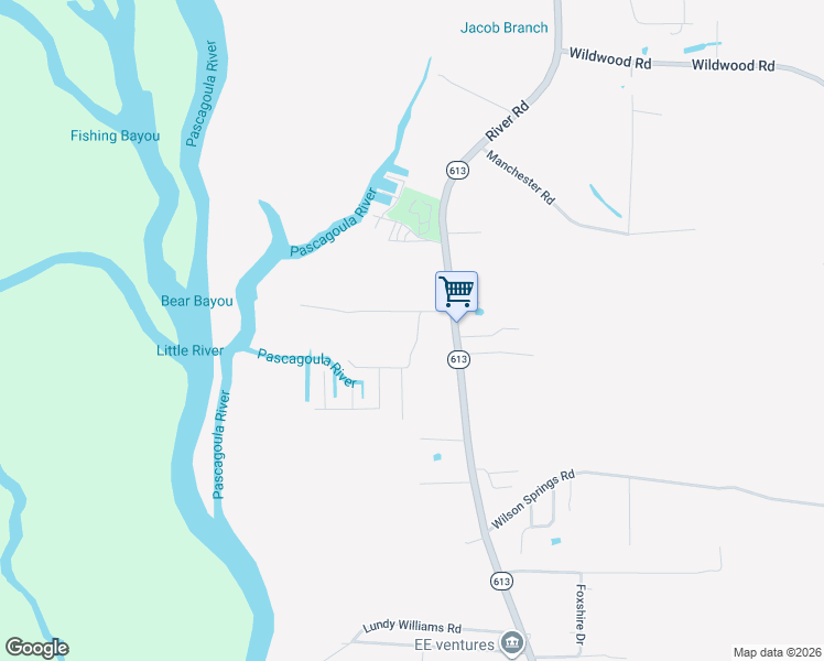 map of restaurants, bars, coffee shops, grocery stores, and more near 3220 Riverbend Road in Moss Point