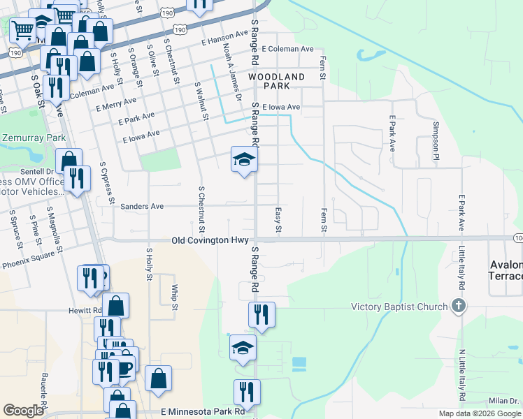 map of restaurants, bars, coffee shops, grocery stores, and more near 100 Felder Drive in Hammond
