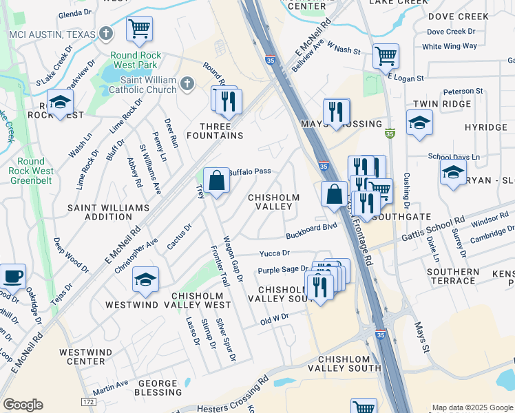 map of restaurants, bars, coffee shops, grocery stores, and more near 601 Chisholm Valley Drive in Round Rock