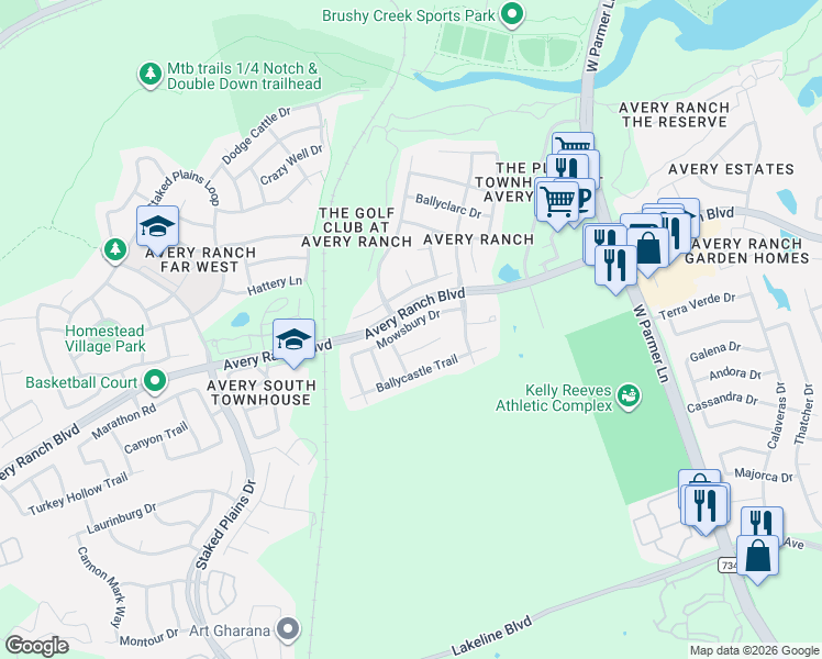map of restaurants, bars, coffee shops, grocery stores, and more near 14416 Lilley Brook Cove in Austin
