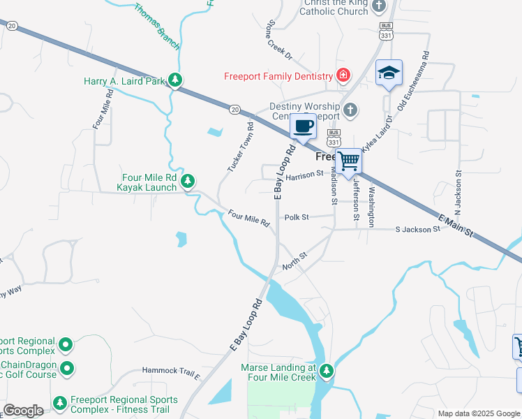 map of restaurants, bars, coffee shops, grocery stores, and more near 1053 4 Mile Road Southwest in Freeport