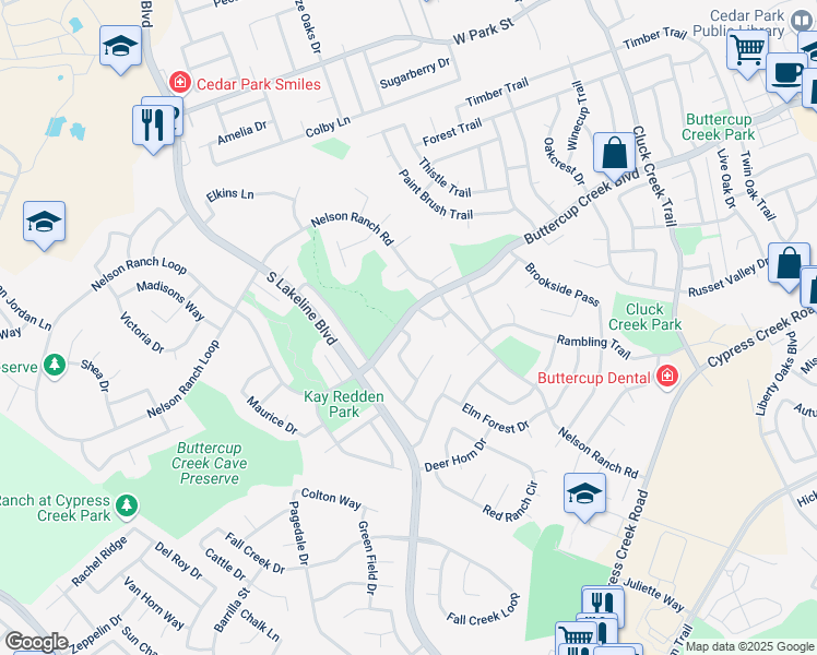 map of restaurants, bars, coffee shops, grocery stores, and more near 800 Daffodil Drive in Cedar Park