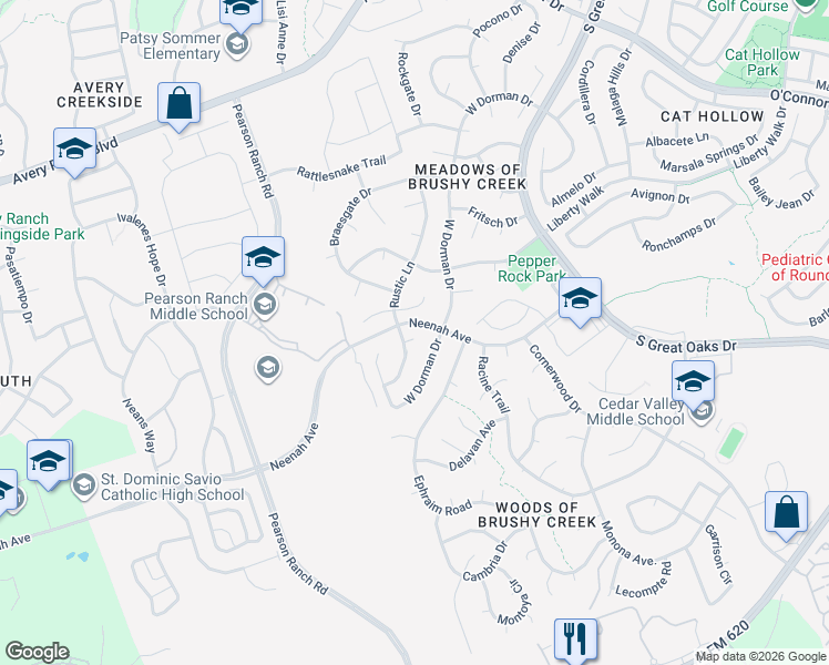 map of restaurants, bars, coffee shops, grocery stores, and more near 15824 West Dorman Drive in Austin