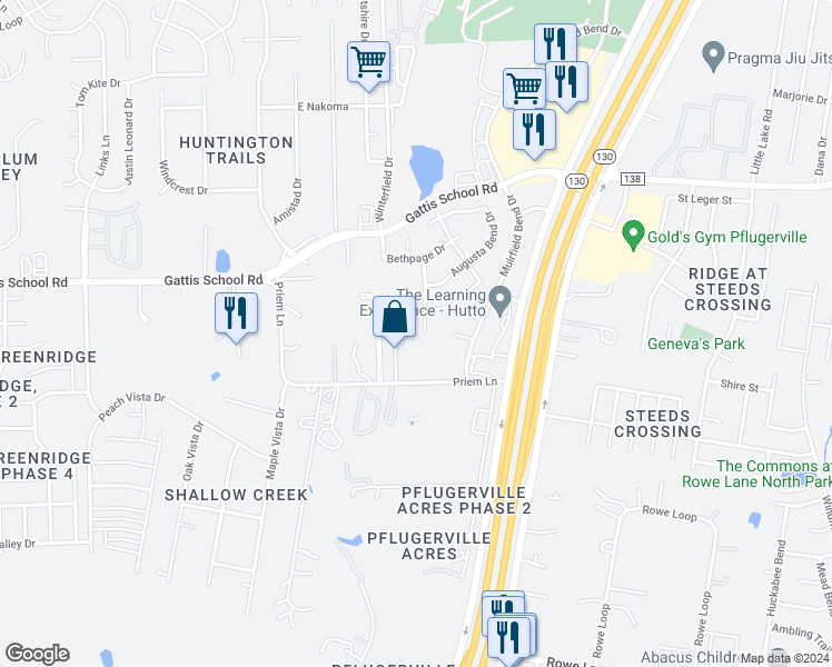 map of restaurants, bars, coffee shops, grocery stores, and more near 20800 Prestwick Dr in Hutto