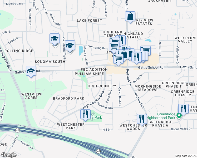 map of restaurants, bars, coffee shops, grocery stores, and more near 2404 Roundabout Lane in Round Rock