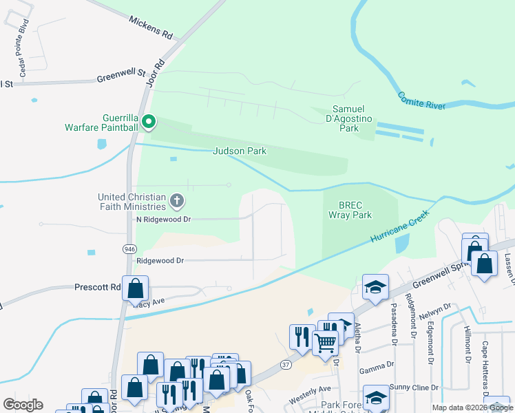 map of restaurants, bars, coffee shops, grocery stores, and more near 4882 Sunnybrook Drive in Baton Rouge