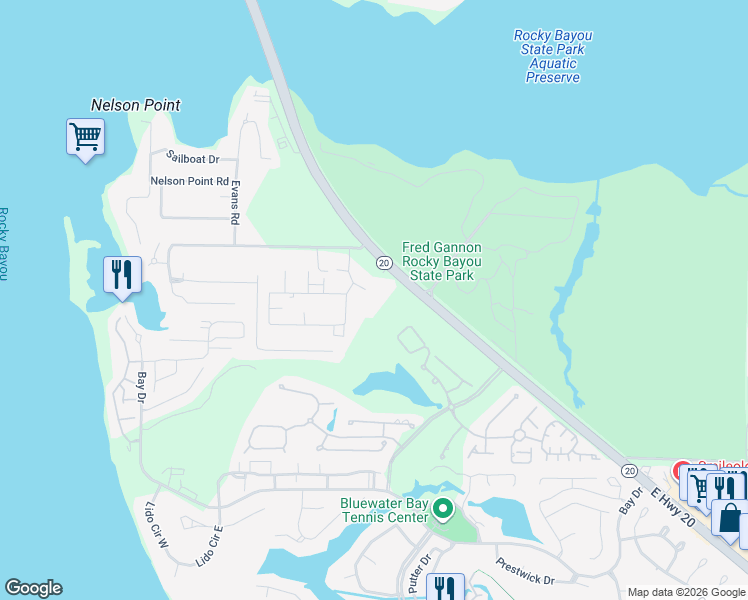 map of restaurants, bars, coffee shops, grocery stores, and more near 4270 Calinda Lane in Niceville