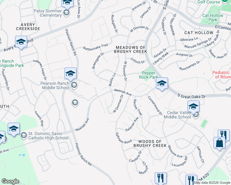 map of restaurants, bars, coffee shops, grocery stores, and more near 15824 West Dorman Drive in Austin